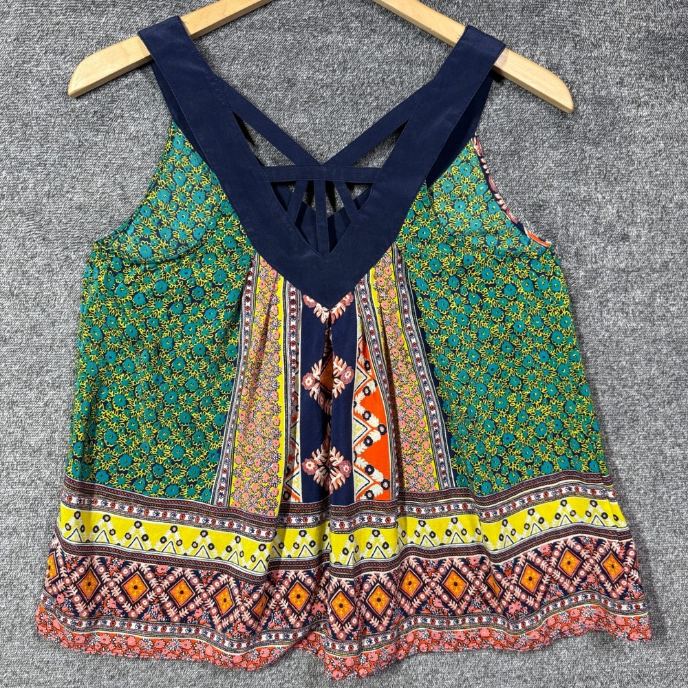 Maeve Anthropologie Tank Top Size 2 Silk Mixed Print Strappy Cage Back